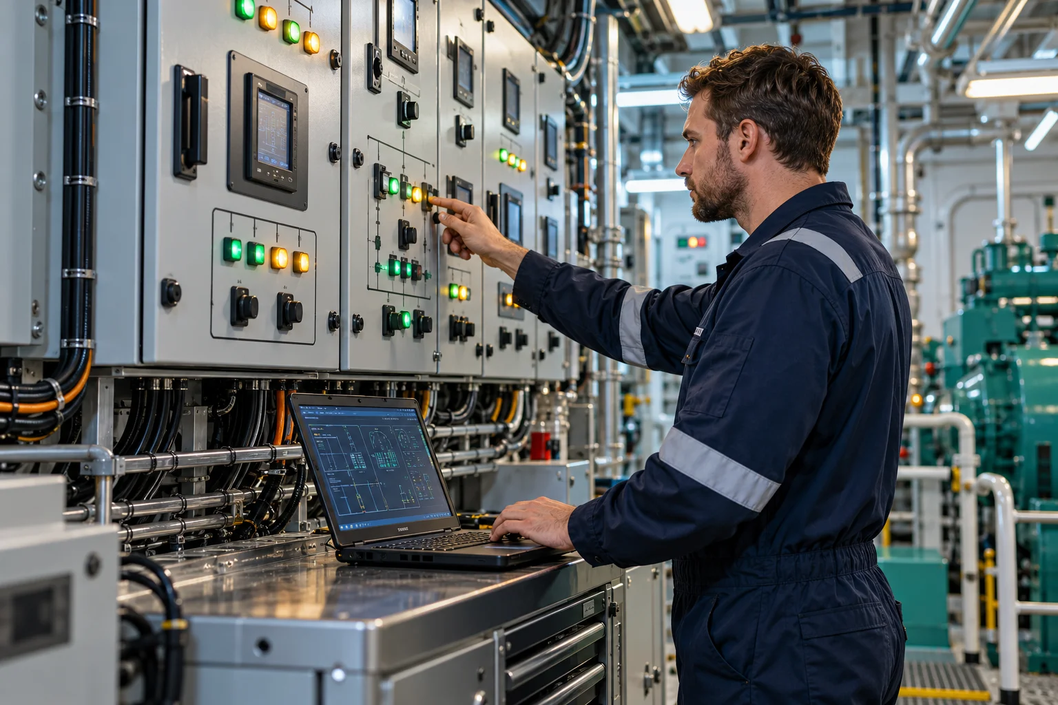 Technician inspecting a marine control panel; AI-generated illustrative image